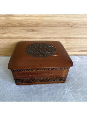 Vintage Hand Carved Polish Wood Trinket Box Tatra Gorals Folk Art Keepsake Box